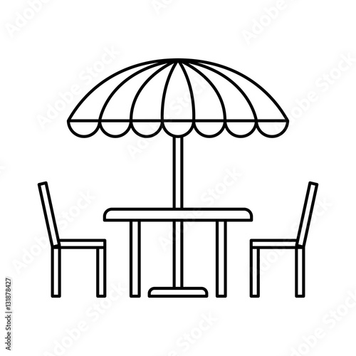 table  chairs and striped parasol over blue background. vector illustration