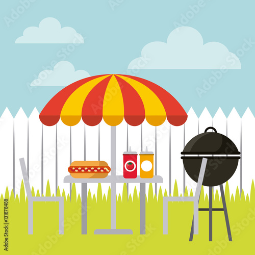 barbecue grill and parasol with table with hot dog and sauces icon. delicious barbecue concept. colorful design. vector illustration
