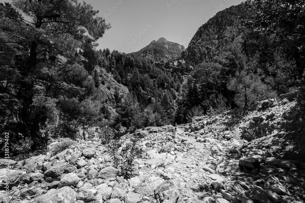 Samaria Gorge. Crete. Greece. Black and white.