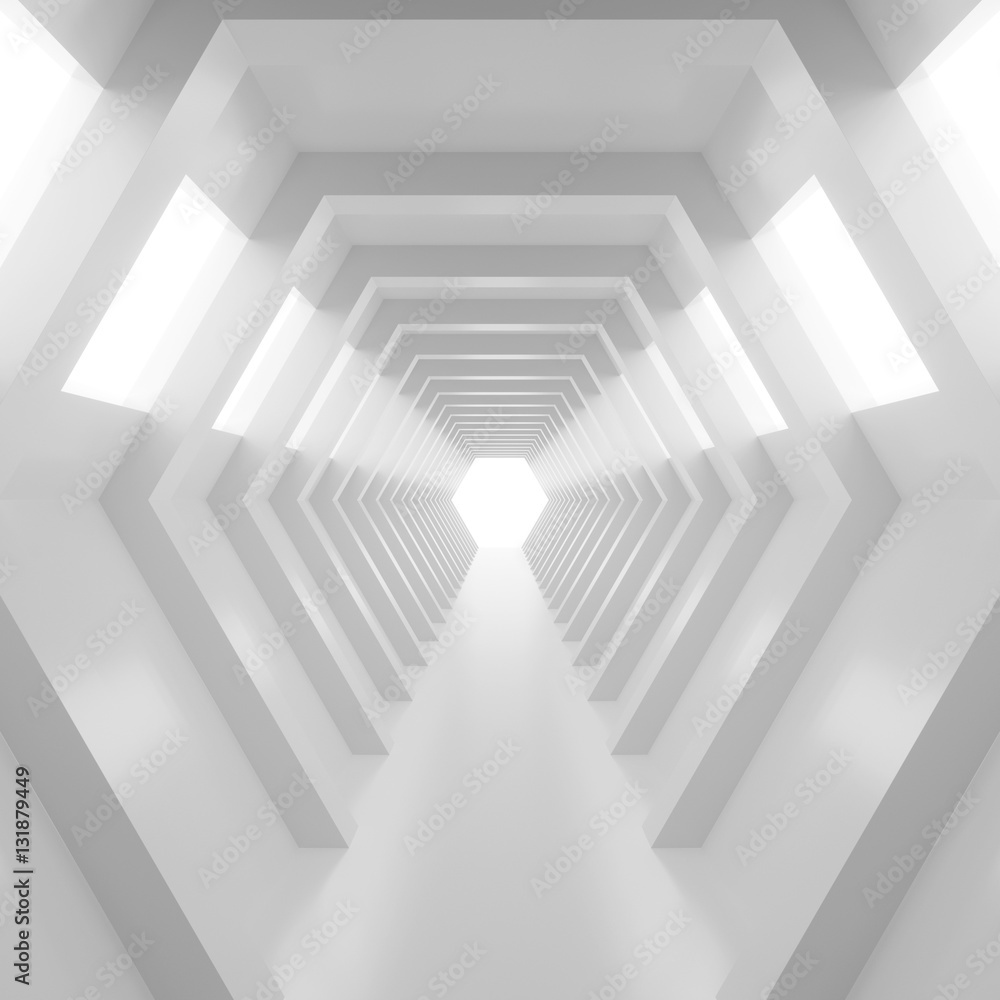Abstract empty white shining tunnel with light in the end. 3D Render. Abstract empty white shining tunnel with light in the end. 3D Render.