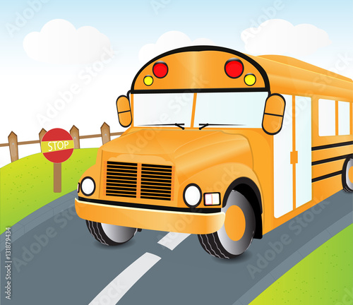 cartoon bus on street with traffic sign