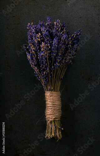 Bunch of lavender flower on dark tray
