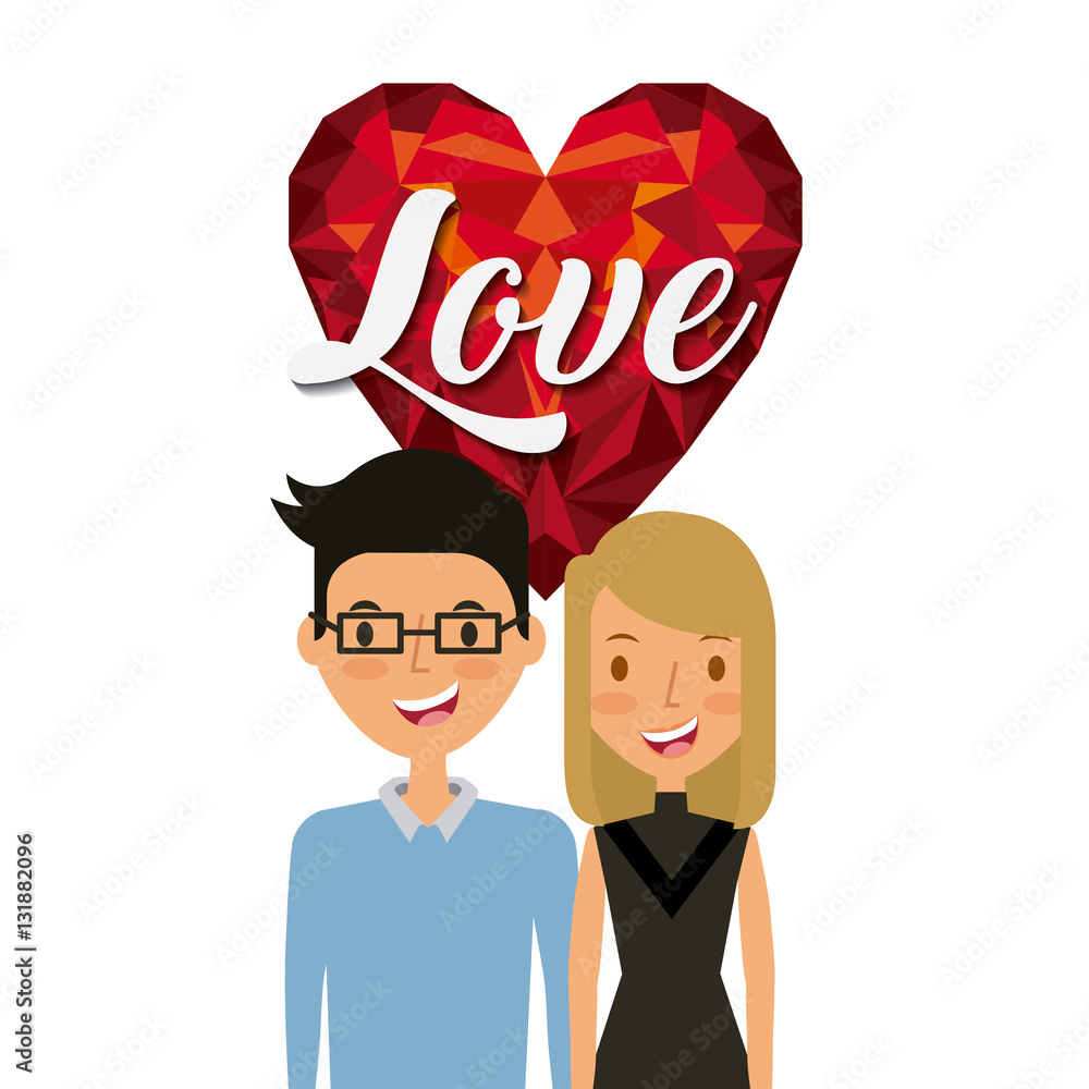 cartoon young couple in love with heart icon over white background ...
