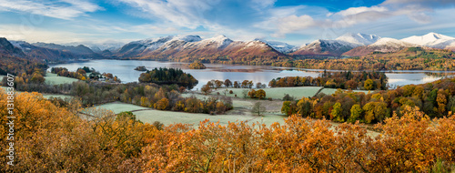 Beautiful view of Derwentwater in the English Lake District on a frosty Autumn morning with snow on the fells.