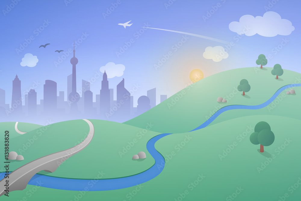 Obraz premium Landscape with City in Summer - A simple and beautiful landscape illustration in a clean and simple style with flowing curves. Rolling hills, a city skyline, and a plane flying in the clear blue sky.