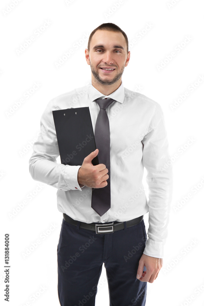 Young business coach with clipboard standing on white background Young business coach with clipboard standing on white background