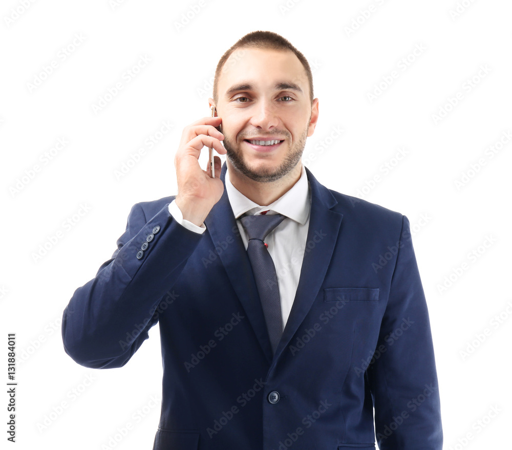Young business coach speaking by cellphone on white background Young business coach speaking by cellphone on white background