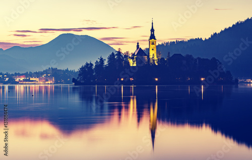 beautiful sunrise on the lake bled