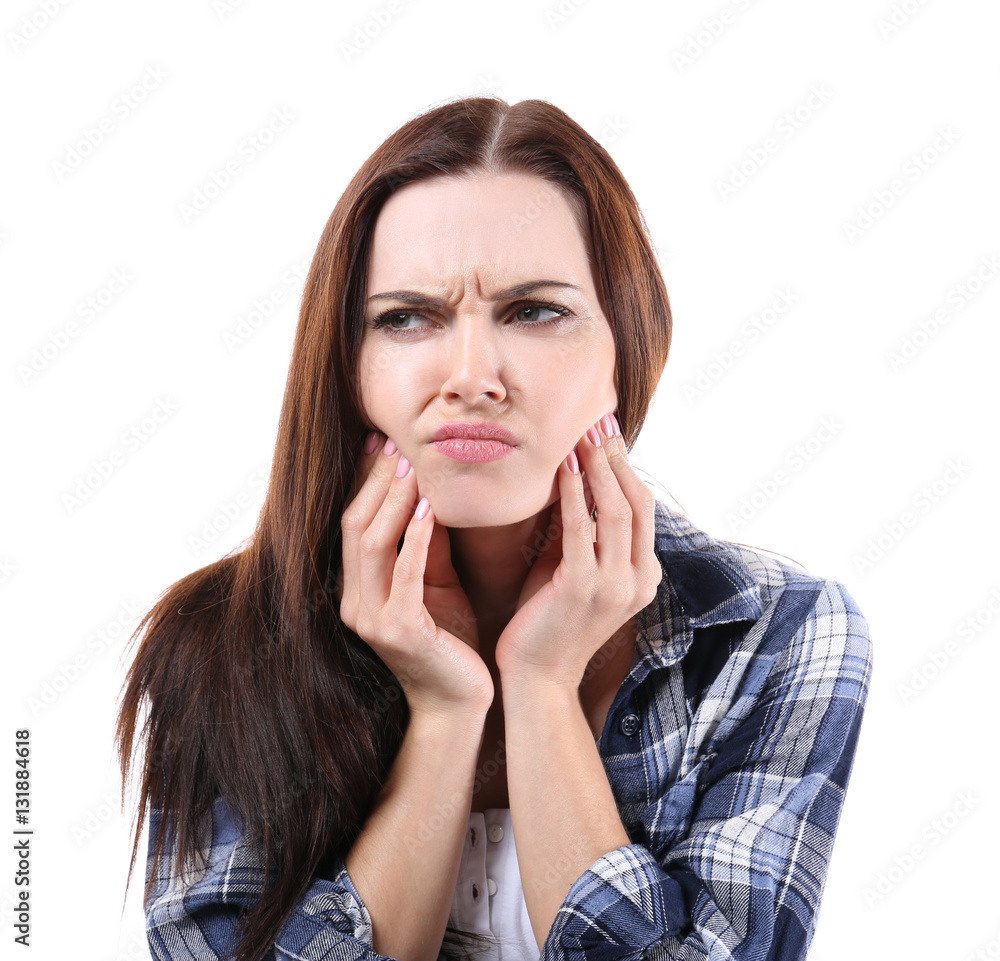 Young woman suffering from toothache on white background Young woman suffering from toothache on white background