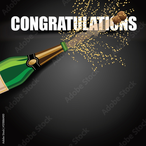 Golden Congratulations background with splashing champagne and popping cork. EPS 10 vector.