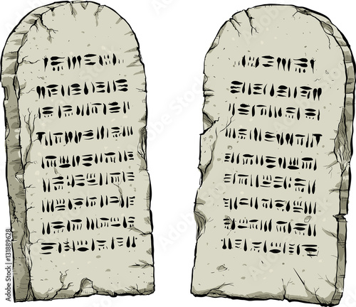 A cartoon of a pair of ancient stones tablets containing written laws.