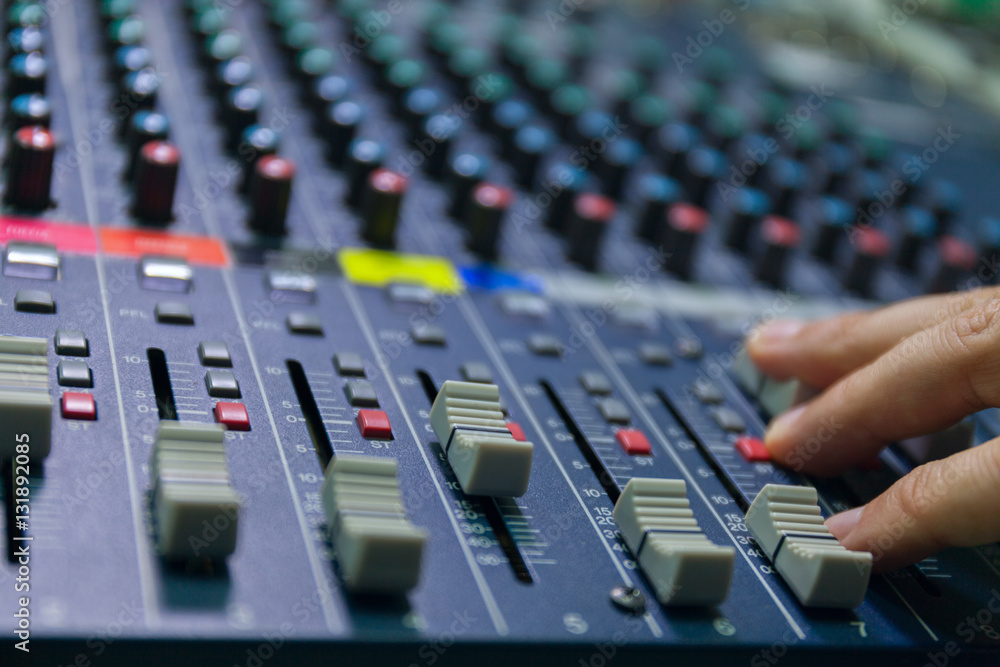 selective focus finger tuning of sound mixer close up studio selective focus finger tuning of sound mixer close up studio