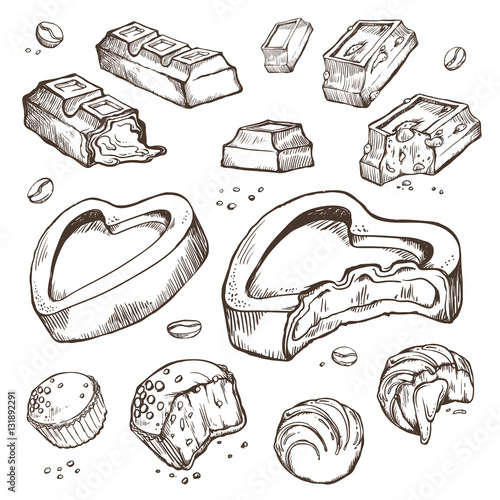 Vector set of sketches bitten chocolates. Sweet rolls, bars, glazed, cocoa beans. Isolated objects on a white background
