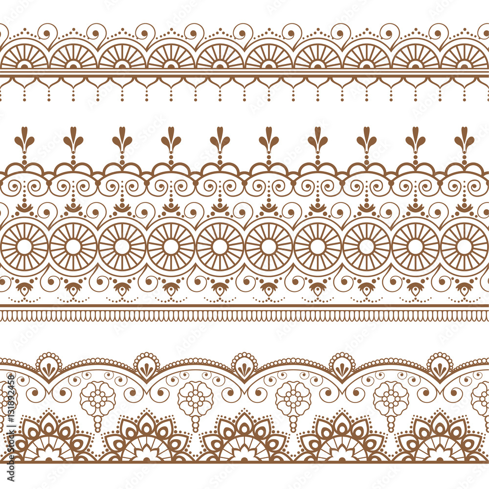 Fototapeta Indian, Mehndi Henna three brown line lace elements for pattern or tattoo on white background