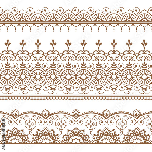 Indian, Mehndi Henna three brown line lace elements for pattern or tattoo on white background