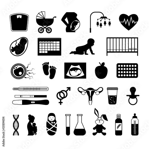 Pregnancy black icons. Pregnant health test and birth baby, unborn child, womb embryo vector signs