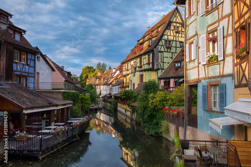Waterfront canal in the historic town of Colmar. Alsace. France.