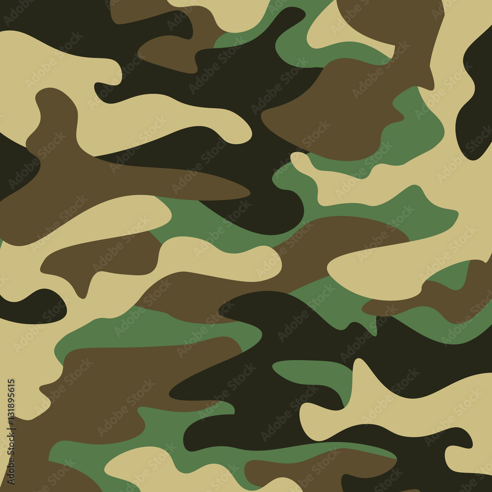 Naklejka premium Camouflage pattern background. Classic clothing style masking camo repeat print. Green brown black olive colors forest texture. Design element. Vector illustration.