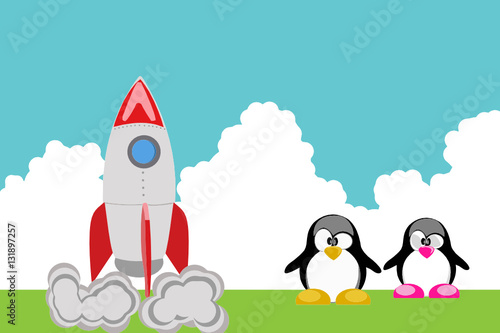 penguin family with rocket
