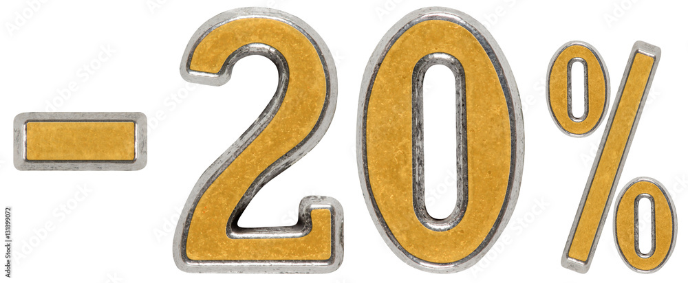 Percent off. Discount. Minus 20, twenty, percent. Metal numeral Percent off. Discount. Minus 20, twenty, percent. Metal numeral