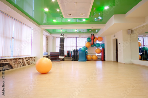 Interior of a fitness hall with punching bags