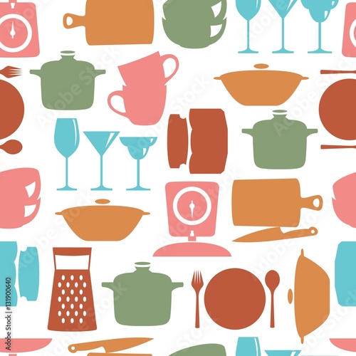 Kitchenware flat color design silhouette vector seamless pattern