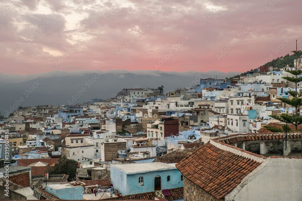 Africa, Morocco, Chefchaouen or Chaouen  is the chief town of the province of the same name. Range of the Rif Mountains in the Background.