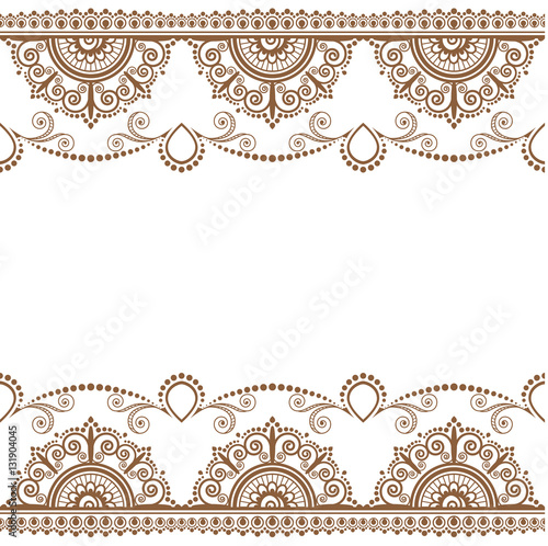 Indian, Mehndi Henna brown line lace element with flowers pattern card for tattoo on white background © alex_sunset