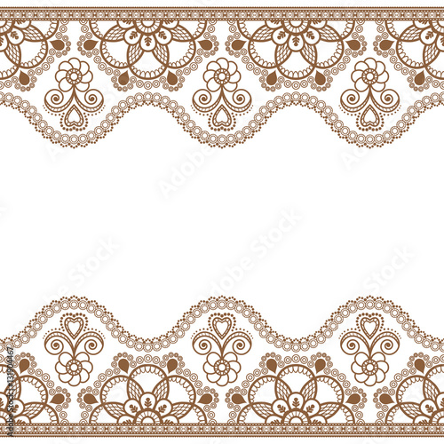 Indian, Mehndi Henna brown line lace border element with flowers pattern card for tattoo on white background