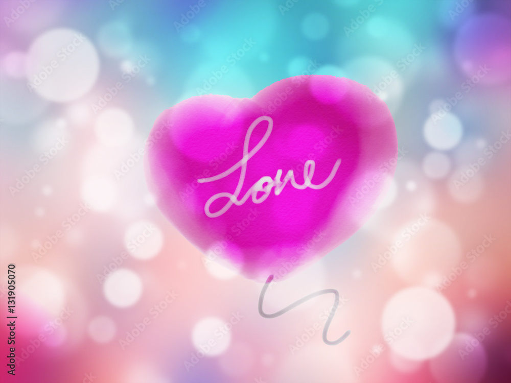 Love word on watercolor heart balloon and beautiful bokeh