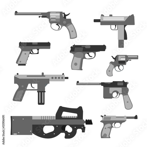 Weapons vector handguns collection. Pistols, submachine guns icons. Gun illustration isolated on white background