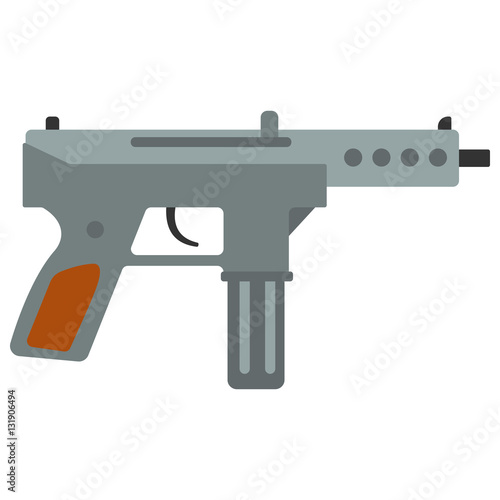 Submachine gun security and military weapon. Metal automatic gun. Criminal and police firearm vector illustration isolated on white.