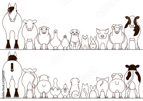 farm animals border set, front view and rear view, line art