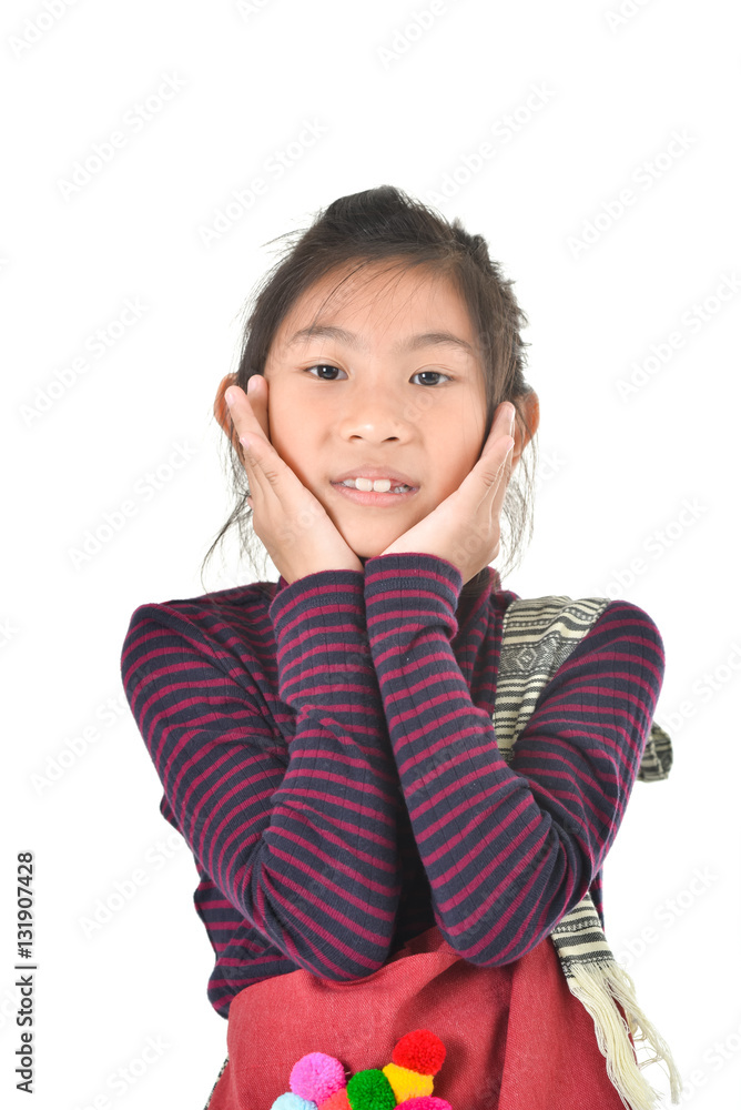 Asian girl holding red fabric bag over white background Asian girl holding red fabric bag over white background