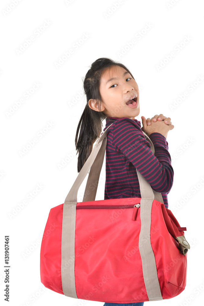 Asian girl holding red bag over white background Asian girl holding red bag over white background