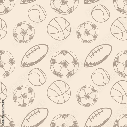Sport balls doodle hand drawn icons seamless pattern, tiling ornament. Vector illustration