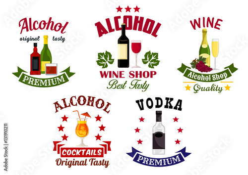 Alcohol drinks, cocktail bar emblems set