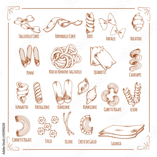 Pasta and macaroni sorts sketch vector icons
