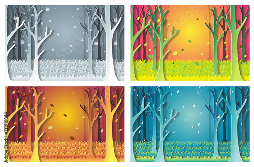 nature set with Winter, Spring, Summer, Autumn. houses, 4 season