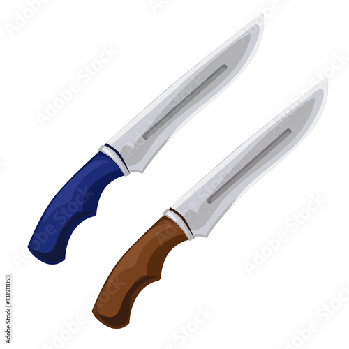 Two knives with blue and brown handle. Vector