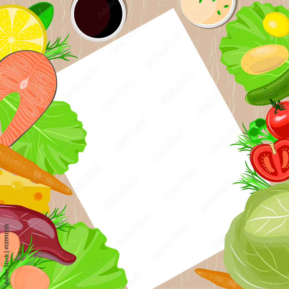 Healthy food and paper vector blank template on the table. Stock Vector ...