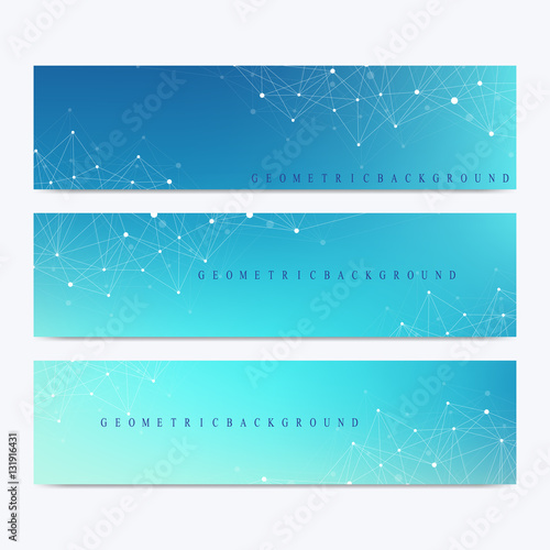 Modern set of vector banners. Geometric abstract presentation. Molecule DNA and communication background for medicine, science, technology, chemistry. Cybernetic dots. Lines plexus.