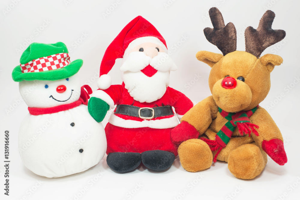 Reindeer doll and Santa doll with snowman doll on white backgrou