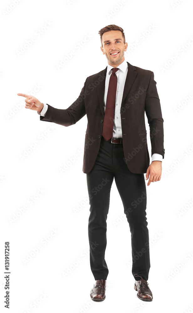 Businessman touching something imaginary isolated on white Businessman touching something imaginary isolated on white