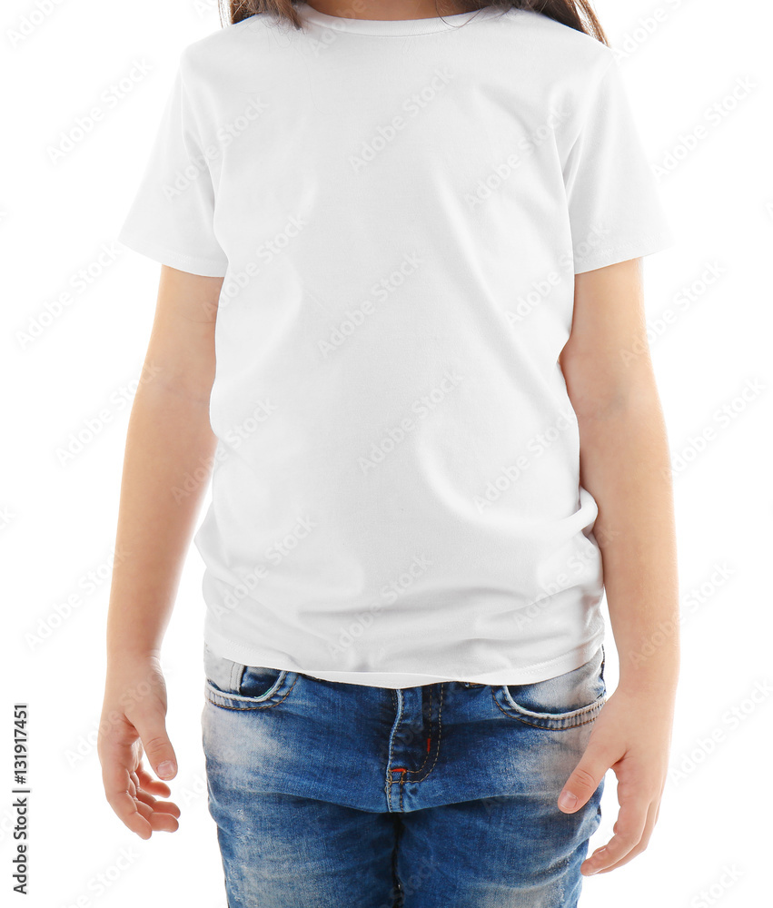 Little girl in blank t-shirt on white background, close up Little girl in blank t-shirt on white background, close up