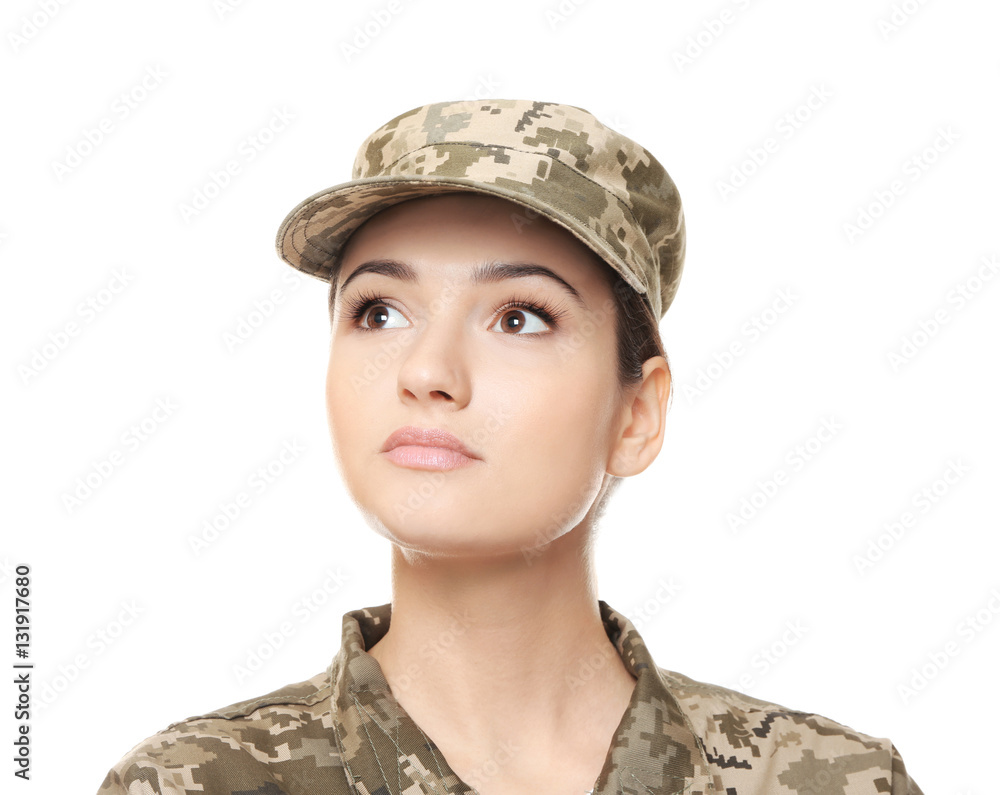 Pretty female soldier on white background Pretty female soldier on white background