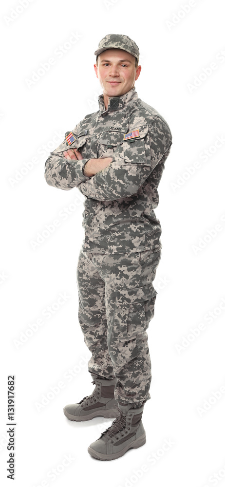 Fototapeta premium Soldier in camouflage on white background