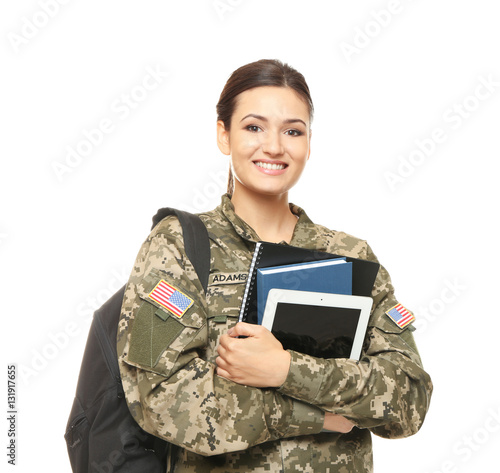 Obraz na plátne Pretty female cadet of military school on white background