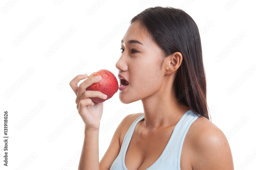 Beautiful Asian healthy girl with red apple. Beautiful Asian healthy girl with red apple.