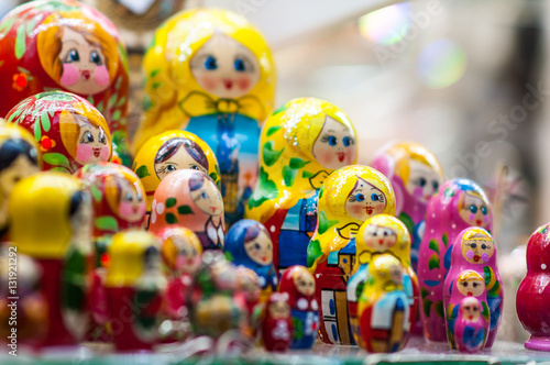Traditional matryoshka dolls displayed on the shop shelf.